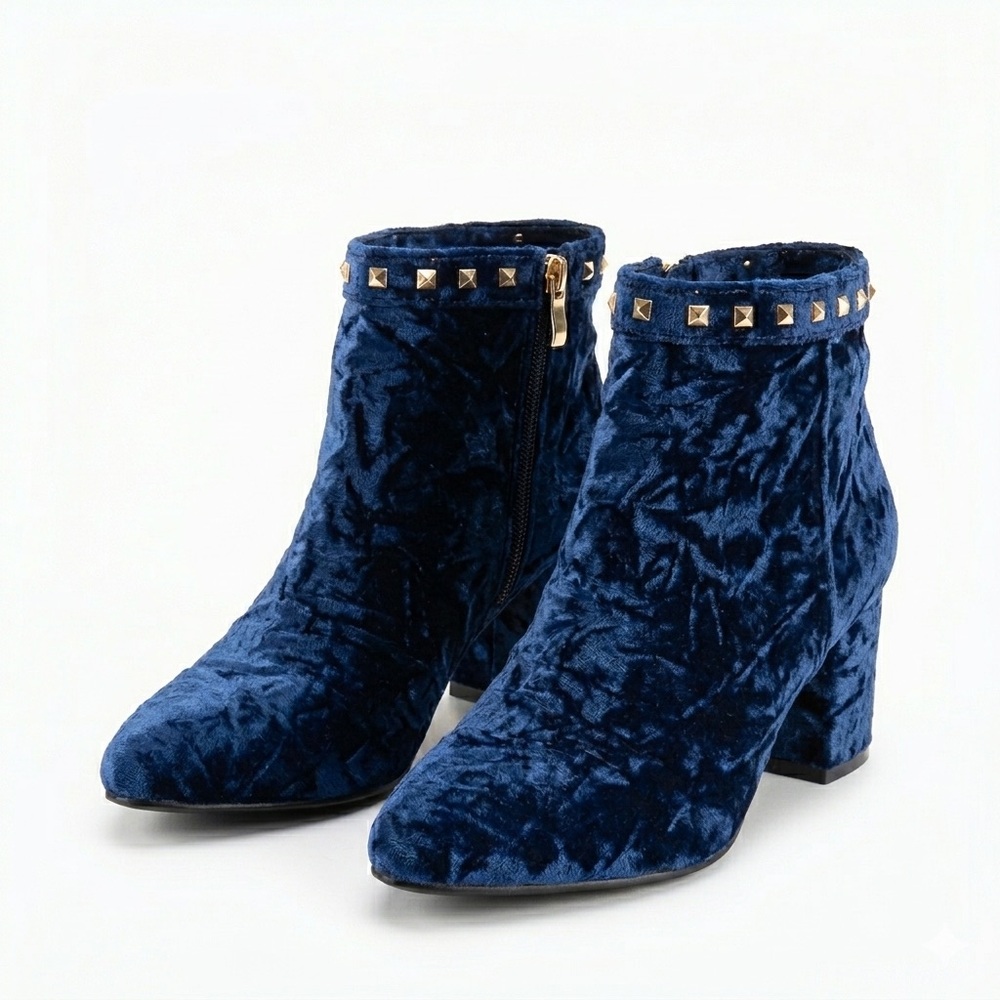 Navy Velvet Ankle Boots with Studs